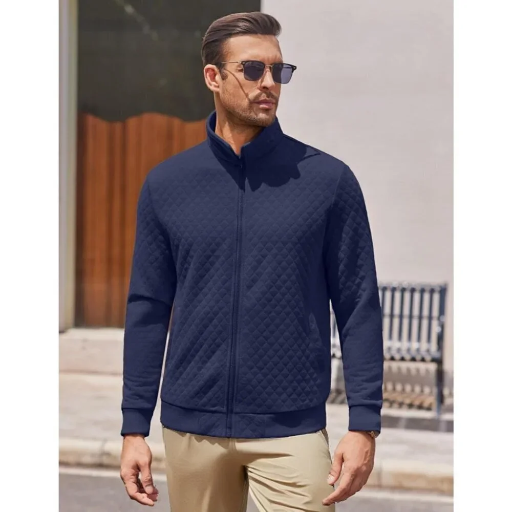 COOFANDY Men Navy Blue Zip Up Mock Neck Quilted Lightweight Sweater Jacket